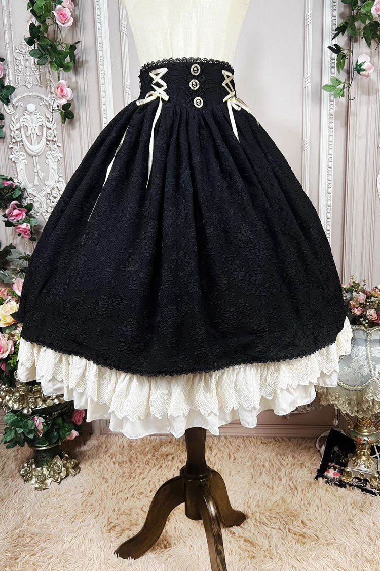 Black [Heart of Rose] High Waisted Ruffle Embroidery Lace-Up Sweet Vintage Elegant Palace Lolita Skirt - Product - 3
