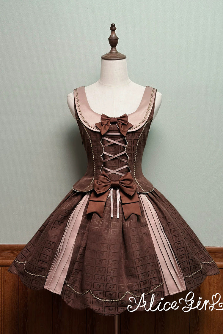 Brown [Teddy Chocolate Bar] Printed Embroidered Bow Lace-Up Classic Lolita Jsk Dress and Skirt - Product - 3