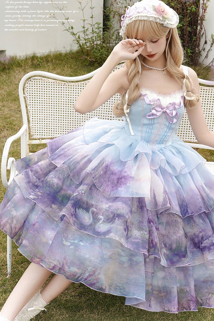 Multi-Color Three-layer Swan Lake Print Oil Painting Ruffle Bowknot Sweet Lolita Jsk Dress - Product - 4