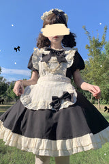 Black/White Maid Long Sleeves Ruffle Bowknot Stitching Sweet Short Lolita Dress - Product - 2