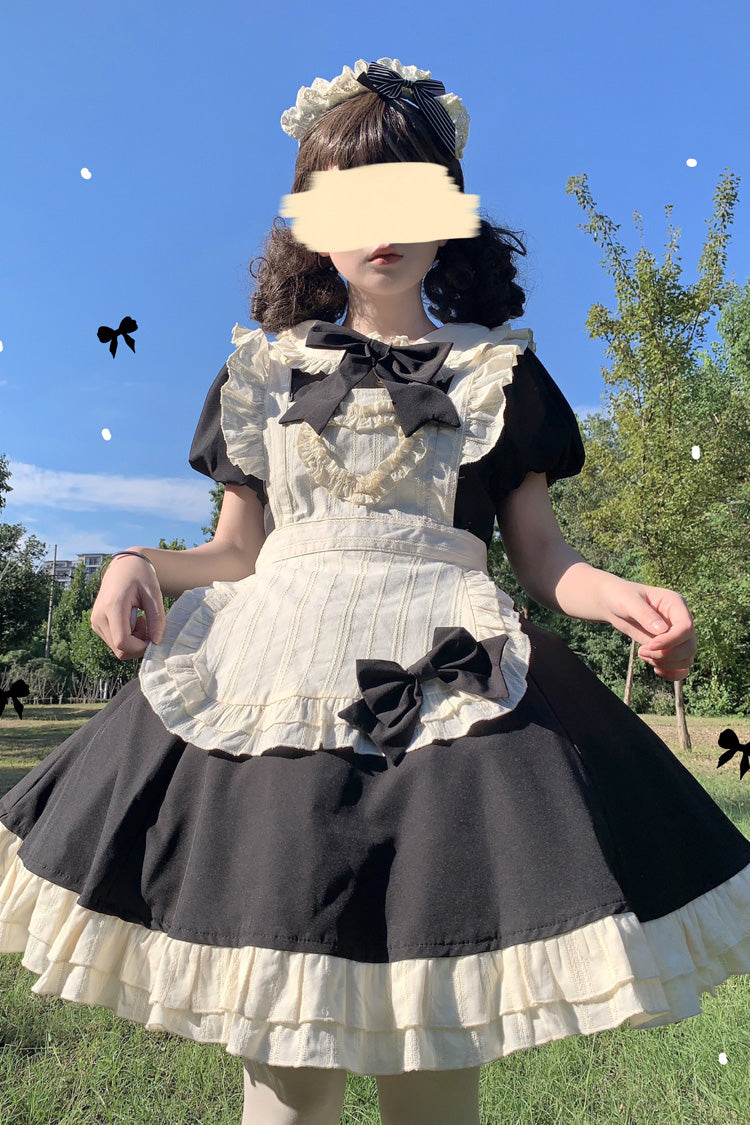 Black/White Maid Long Sleeves Ruffle Bowknot Stitching Sweet Short Lolita Dress - Product - 2
