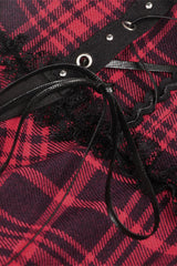 Red Sleeveless Hem Plaid Layered Lace Women's Punk Mini Strap Dress - Product - 17
