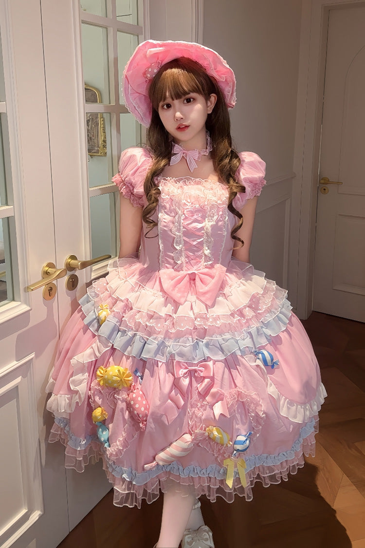 Pink [Candy Party] Short Sleeves Multi-Layered Ruffled Bow Lace Lace-Up Sweet Lolita Dress - Product - 6