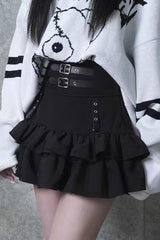 Black High Waisted Ruffle Leather Buckle Gothic Jirai Kei Japanese Skirt - Product - 4