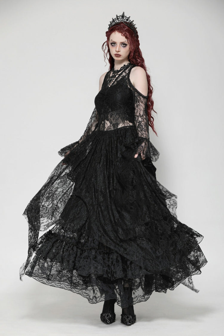 Black Off Shoulder Long Sleeves Women's Gothic Irregular Lace Dress Wedding Dress - Product - 6