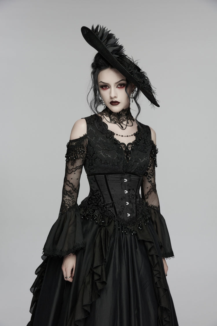 Black Jacquard Lace-Up Slim Women's Gothic Tassels Corset - Product - 5