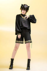Black [Black Cat] Long Sleeves Print Embroidery Ouji Gothic Prince Handsome Lolita Blouse - Black - 1