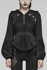 Black Long Sleeves Hollow Mesh Stitching Hooded Womens Steampunk Blouse - Black - 1