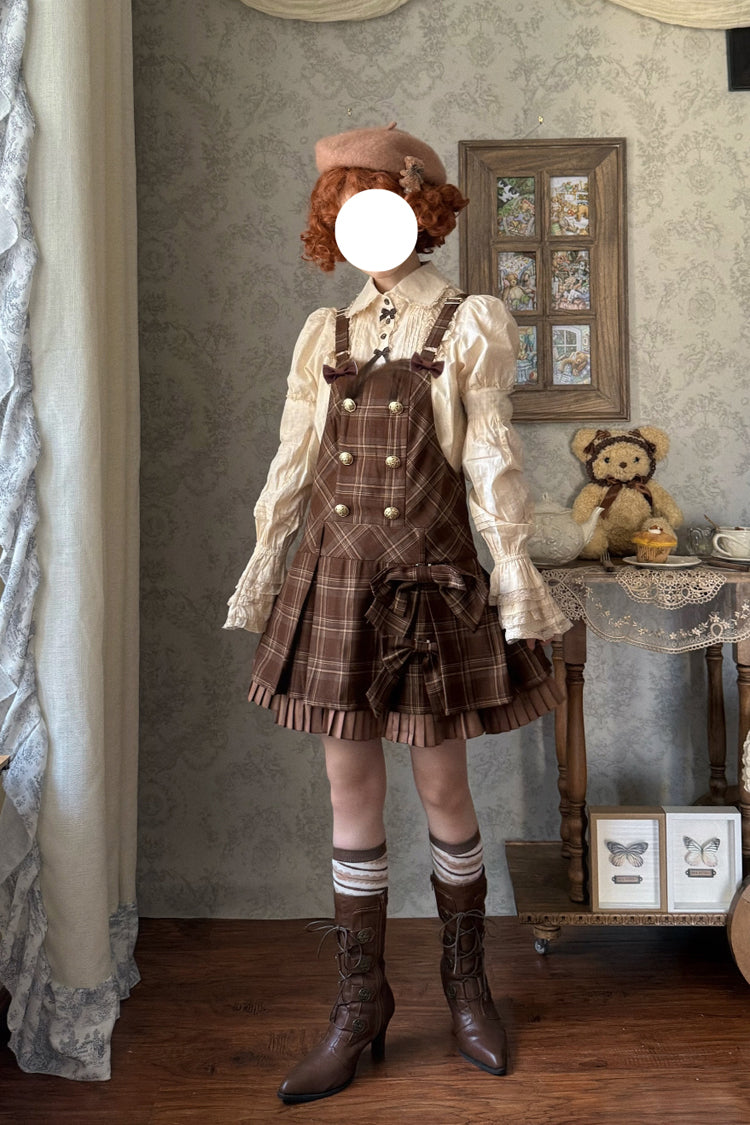 Chocolate [Tiramisu] Low Waisted Plaid Print Ruffle Bowknot Sweet Lolita Strap Dress - Product - 4