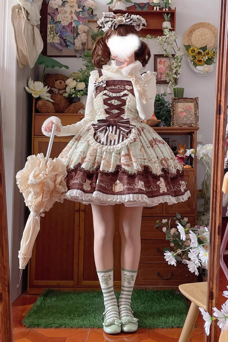 [Doll Tea Party] Sleeveless Print Ruffle Bowknot Lace-Up Sweet Lolita Jsk Dress 3 Colors - Product - 7