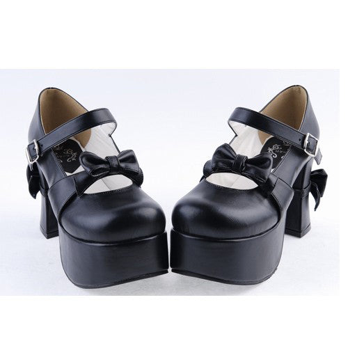 Black Round Toe Strap Bow Platform Classic Lolita Shoes - Product - 2