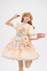 Yellow [Happy Day] Short Sleeves Triple-Layered Print Bowknot Lace Sweet Princess Lolita Dress - Yellow - 1