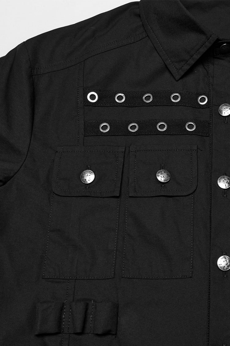 Black Lapel Collar Short Sleeves Men's Pocket Eyelet Punk Blouse - Product - 5