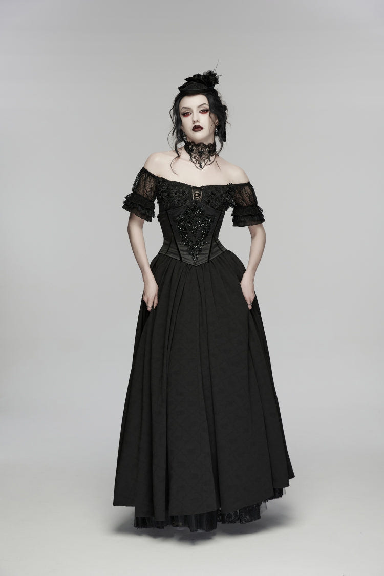 Black Off Shoulder Short Puff Sleeves Ruffled Hanayome Embroidered Lace Women's Gothic Elegant Gorgeous Dress - Product - 9
