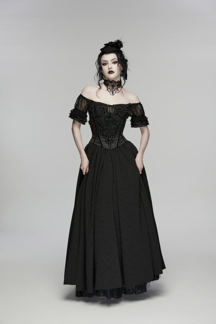 Black Off Shoulder Short Puff Sleeves Ruffled Hanayome Embroidered Lace Women's Gothic Elegant Gorgeous Dress - Product - 9