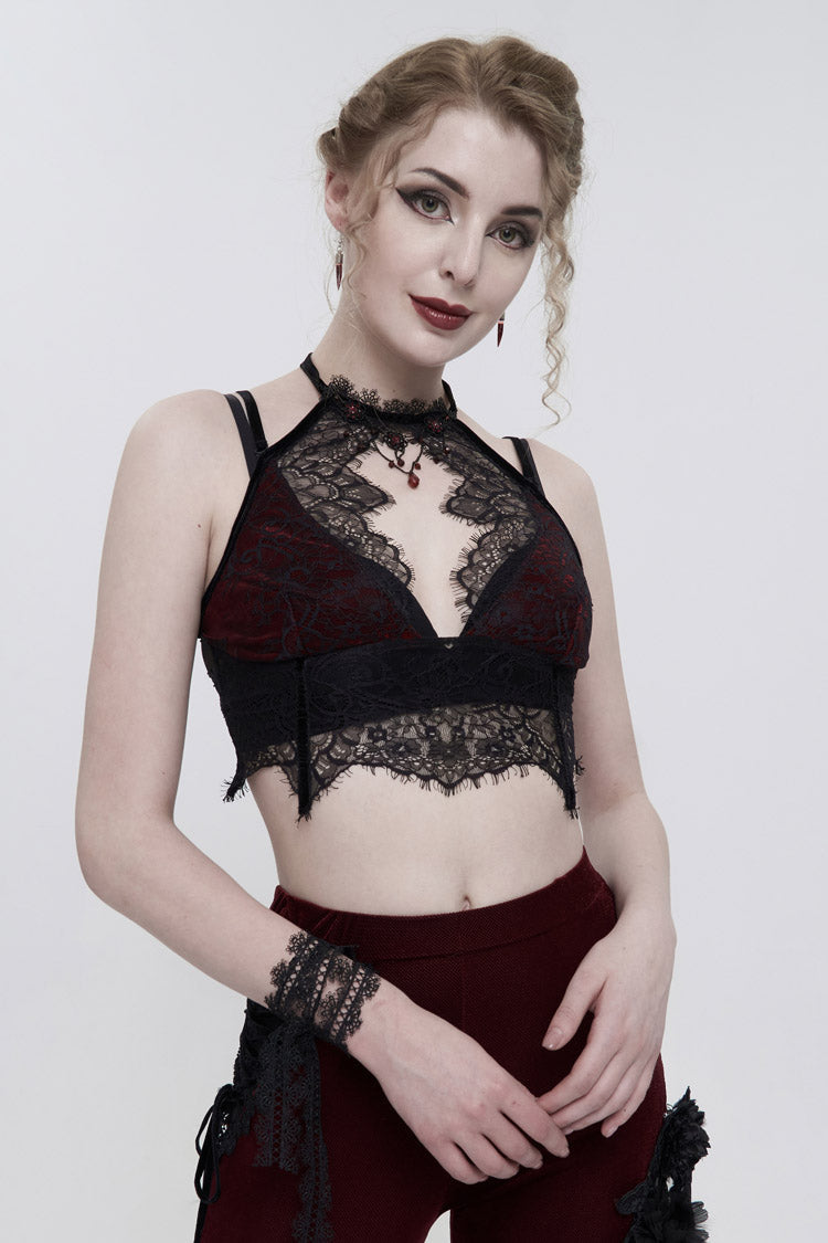 Red Velvet Chest Cutout Lace Hidden Side Zipper Sexy Women's Gothic Halter Lingerie - Product - 3