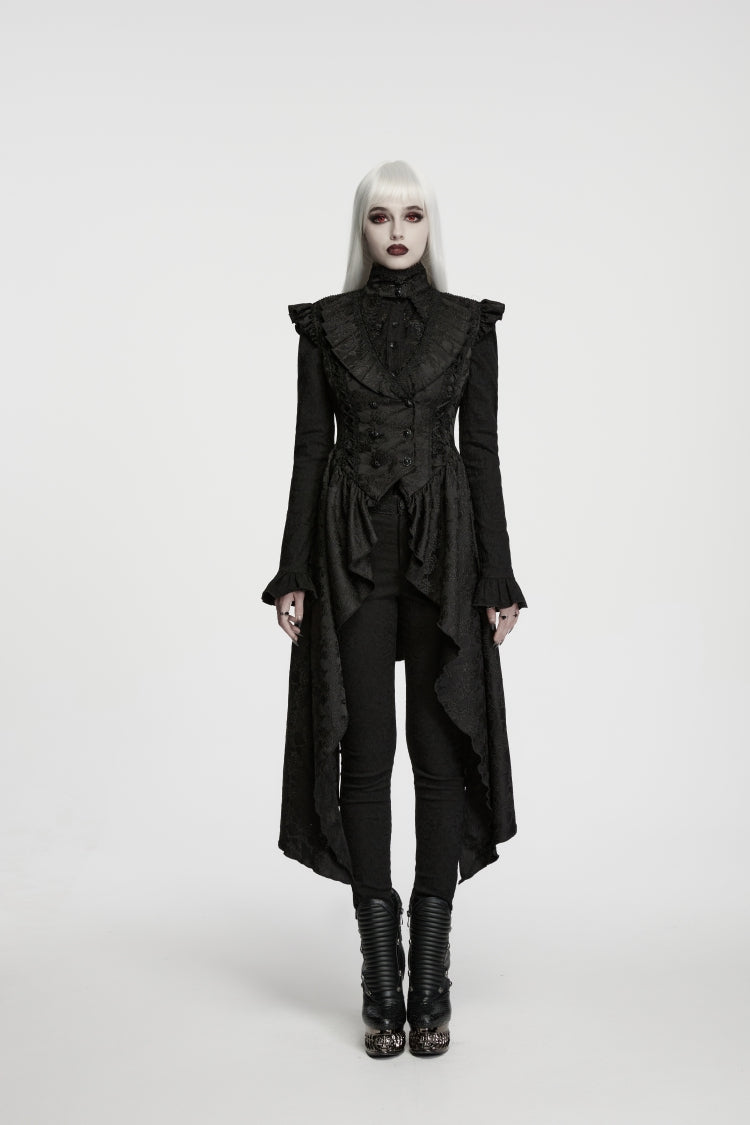 Black Stand Collar Sleeveless Jacquard Cut-Out Lace-Up Asymmetric Women's Gothic Elegant Vest - Product - 2