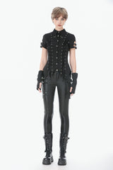 Black Turn-down Collar Short Sleeves Lace-Up Eyelets Women's Punk Blouse - Product - 7