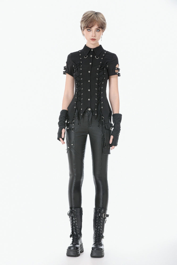 Black Turn-down Collar Short Sleeves Lace-Up Eyelets Women's Punk Blouse - Product - 7