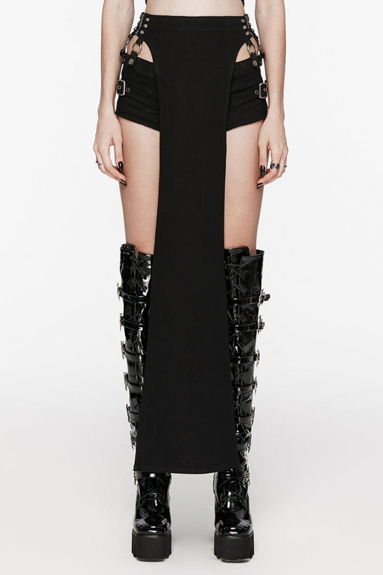 Black Rivet Buckle Women's Punk Removable Shorts - Black - 1