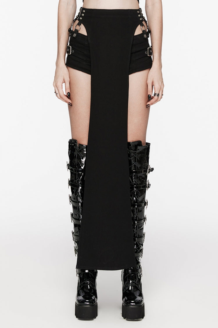 Black Rivet Buckle Women's Punk Removable Shorts - Black - 1