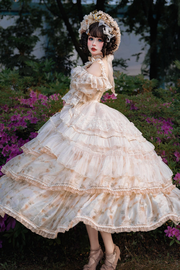 Yellow [Rose Letter] Off Shoulder Triple-Layered Print Ruffle Hanayome Sweet Princess Lolita Dress - Product - 6