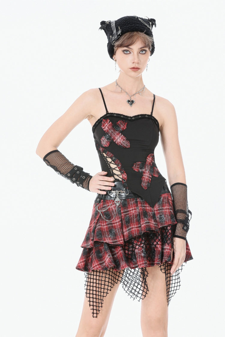 Black Strap Off Shoulder Asymmetric Side Lace-Up Eyelet Women's Punk Plaid Cross Bustier - Product - 5