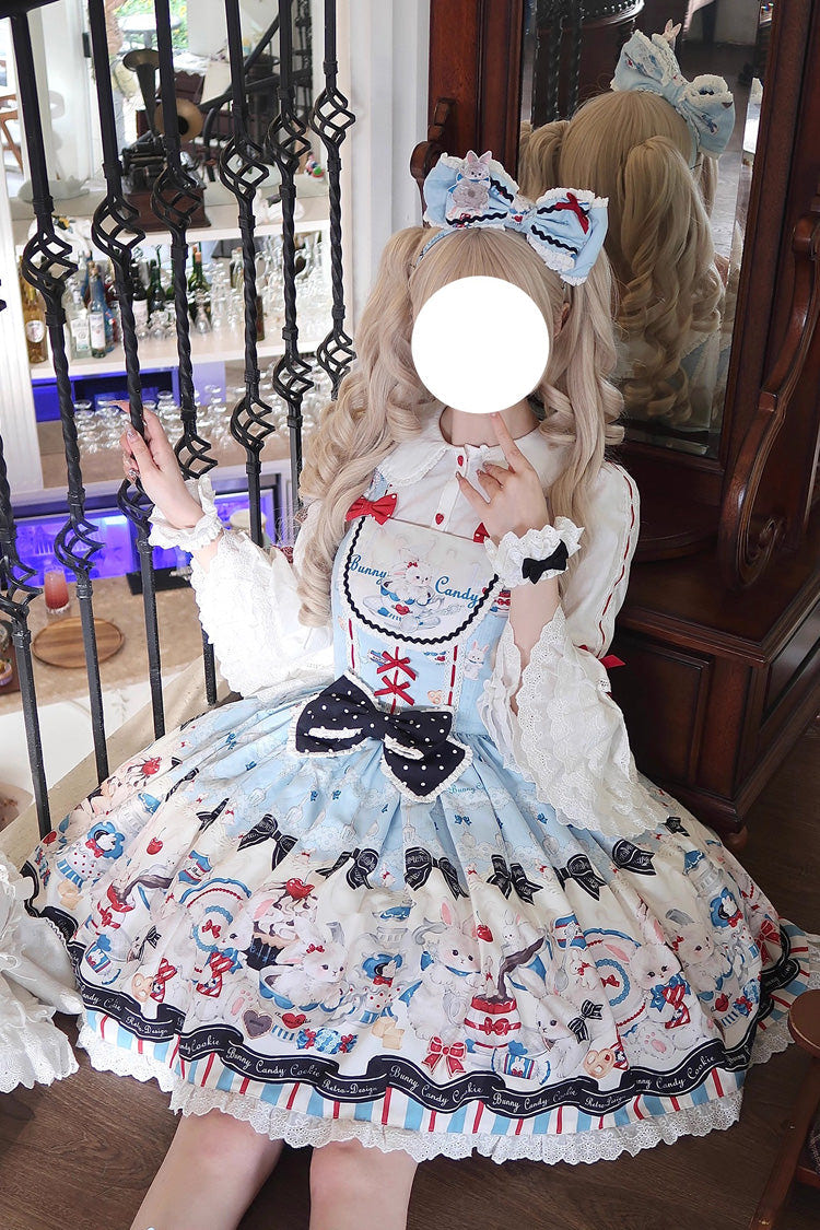 Blue [Mystery Rabbit Tea Party] Sleeveless Print Ruffle Bowknot Lace Sweet Lolita Jsk Dress - Product - 5