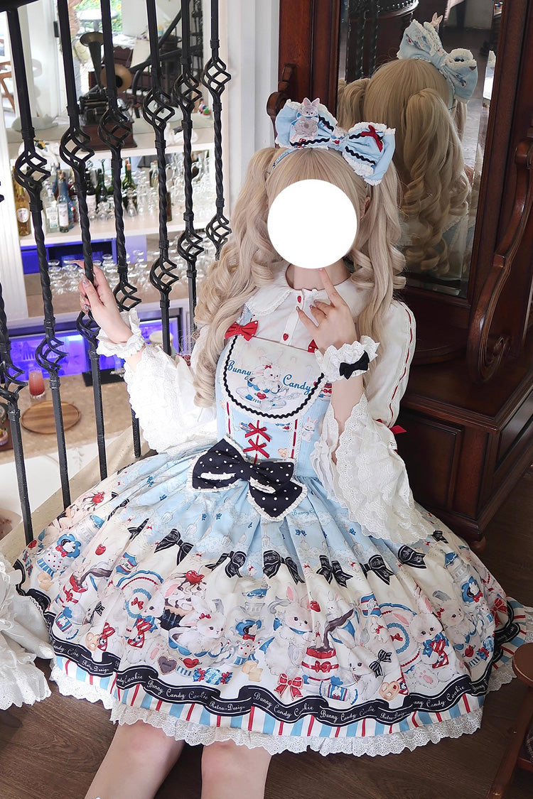 Blue [Mystery Rabbit Tea Party] Sleeveless Print Ruffle Bowknot Lace Sweet Lolita Jsk Dress - Product - 5