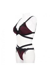 Black Red Lace Cross Strap Burgundy Gothic Swimsuit Set - Product - 14