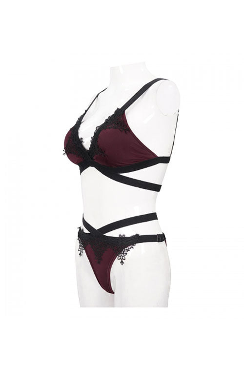 Black Red Lace Cross Strap Burgundy Gothic Swimsuit Set - Product - 14