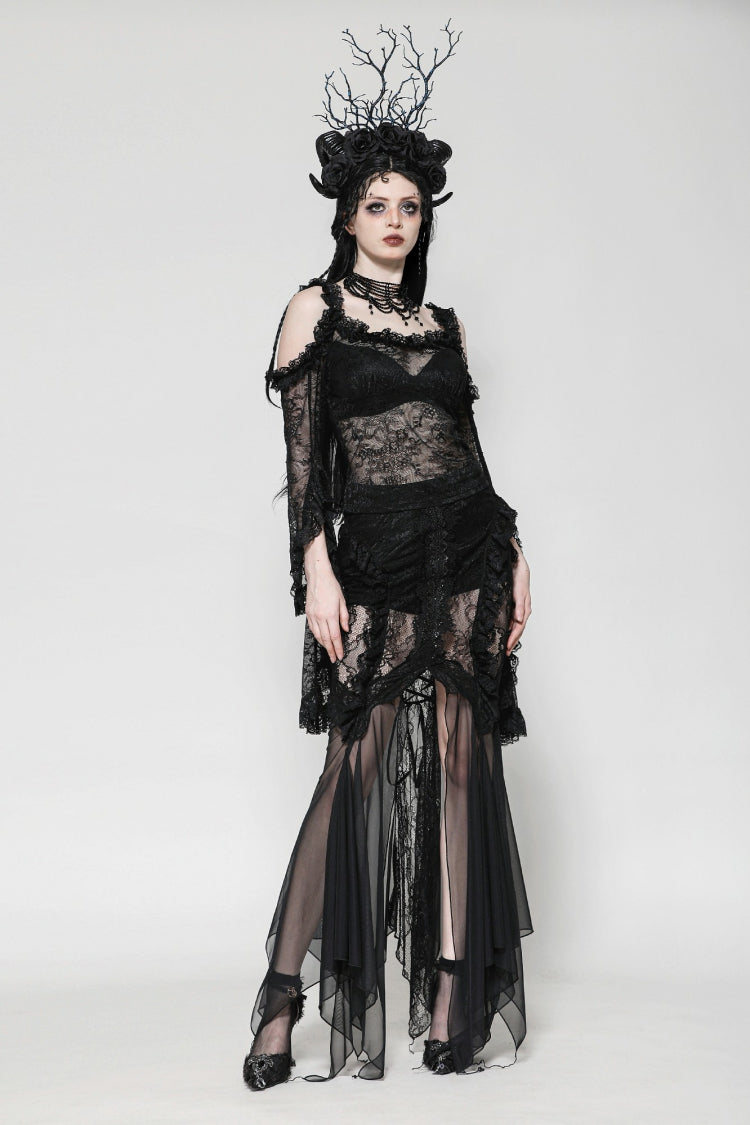 Black Off Shoulder Long Flare Sleeves Lace Women's Gothic Romantic Top - Product - 9