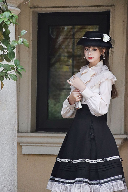 Solid Color Baroque Manor Bowknot High Waisted Ruffled Sweet Lolita Skirt 3 Colors - Product - 11