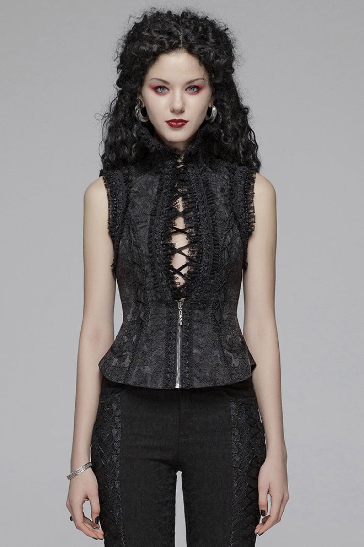 Black Stand Collar Sleeveless Floral Embroidery Lace Mesh Women's Gothic Waistcoat - Black - 1