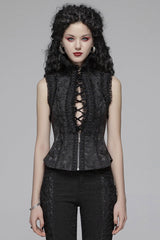 Black Stand Collar Sleeveless Floral Embroidery Lace Mesh Women's Gothic Waistcoat - Black - 1