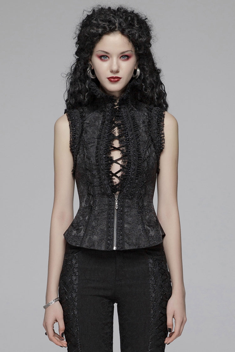 Black Stand Collar Sleeveless Floral Embroidery Lace Mesh Women's Gothic Waistcoat - Black - 1