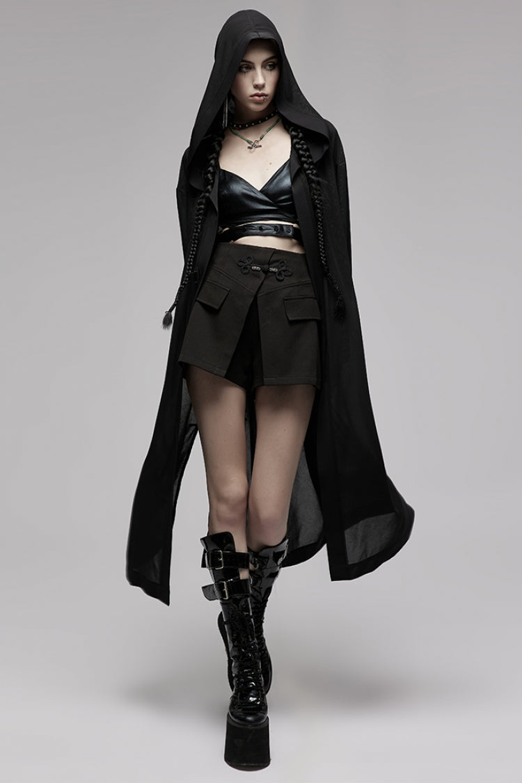 Black Dark Pattern Print Hooded Women's Gothic Coat - Black - 1
