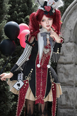 Black/Red [Circus Fantasy Night] Stand Collar Long Sleeves Jacquard Bow Gothic Lolita Dress Set - Product - 3