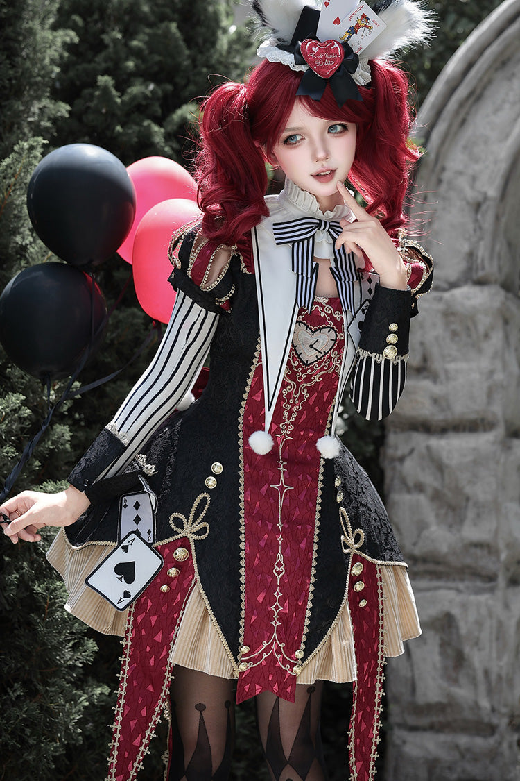 Black/Red [Circus Fantasy Night] Stand Collar Long Sleeves Jacquard Bow Gothic Lolita Dress Set - Product - 3