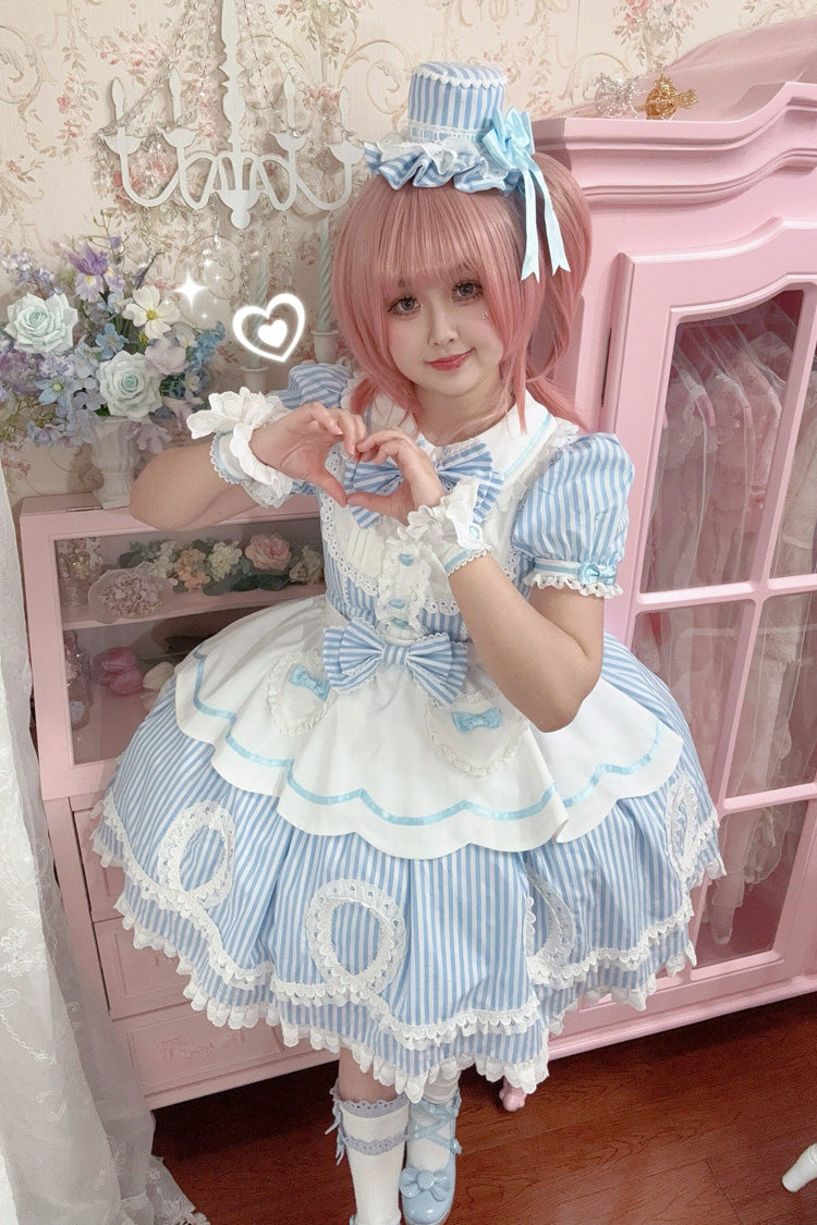[A Day as a Candy Shop Owner] Peter Pan Collar Short Sleeves Printed Bow Sweet Lolita Dress 3 Colors (Red, Blue, Pink) - Product - 30