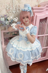 [A Day as a Candy Shop Owner] Peter Pan Collar Short Sleeves Printed Bow Sweet Lolita Dress 3 Colors (Red, Blue, Pink) - Product - 30