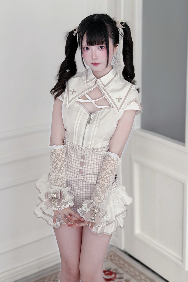 Jirai Kei Lapel Collar Short Sleeves Printed Ruffled Cut-Out Lace Sweet Japanese Knight Shorts Set 2 Colors - Product - 2