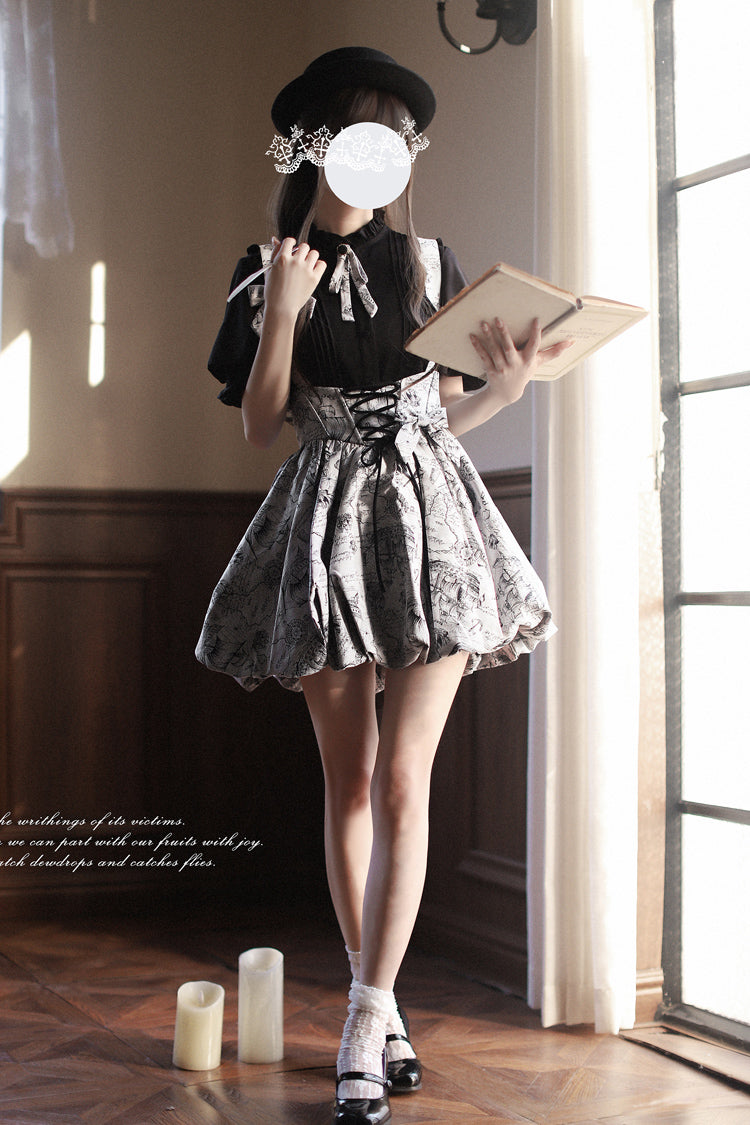 Grey [Elise] Print Bowknot Lace-Up Sweet Vintage Lolita Skirt - Product - 2