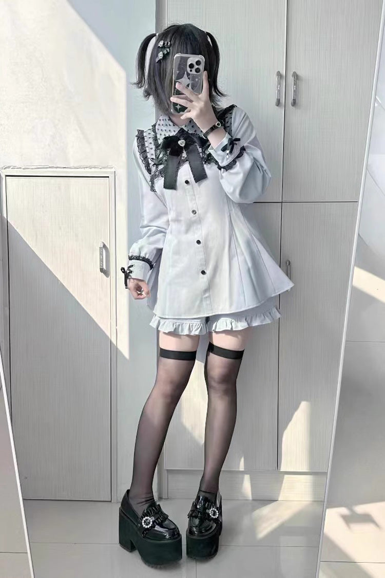 Heart Shape Print Bowknot Lace Sweet Jirai Kei Dress 2 Colors - Product - 7