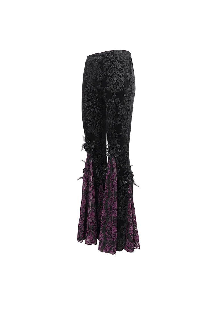 Black/Purple Printed Lace Embroidered Women's Gothic Flared Pants - Product - 9