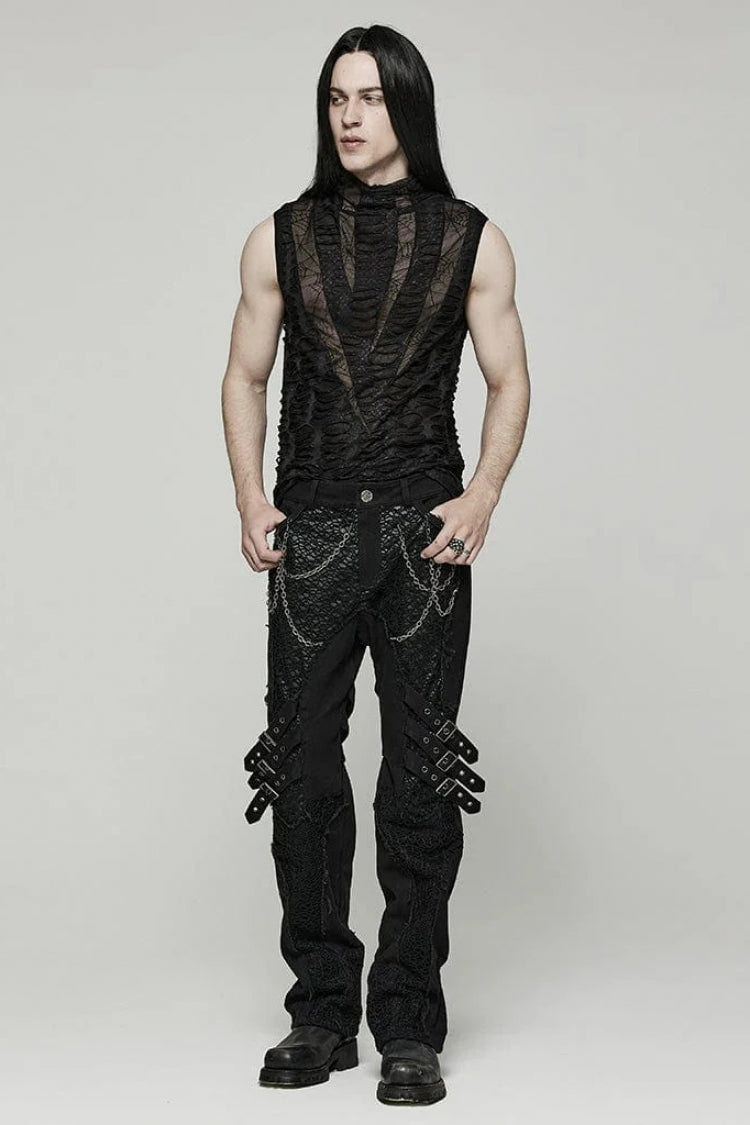 Black High Collar Hollow Spider Mesh Ripped Asymmetric Mens Gothic Vest - Product - 4