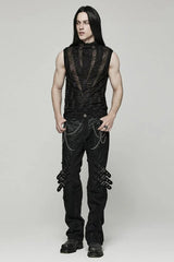 Black High Collar Hollow Spider Mesh Ripped Asymmetric Mens Gothic Vest - Product - 4