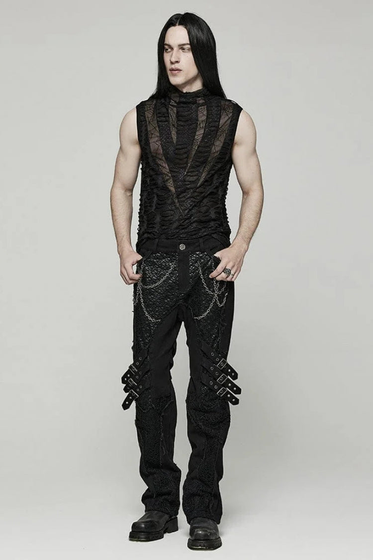 Black High Collar Hollow Spider Mesh Ripped Asymmetric Mens Gothic Vest - Product - 4