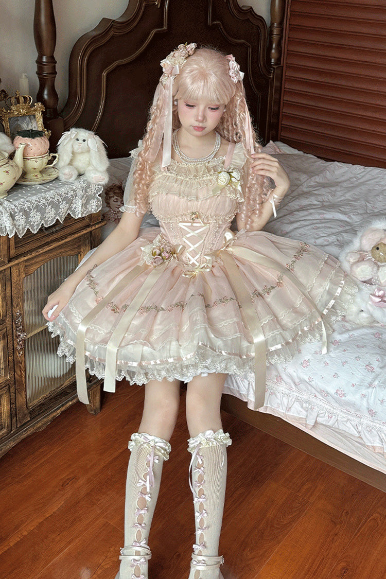 [Mist Champagne] Multi-Layered Ruffle Bowknot Lace Sweet Elegant Ballet Lolita Jsk Dress 3 Colors - Product - 2