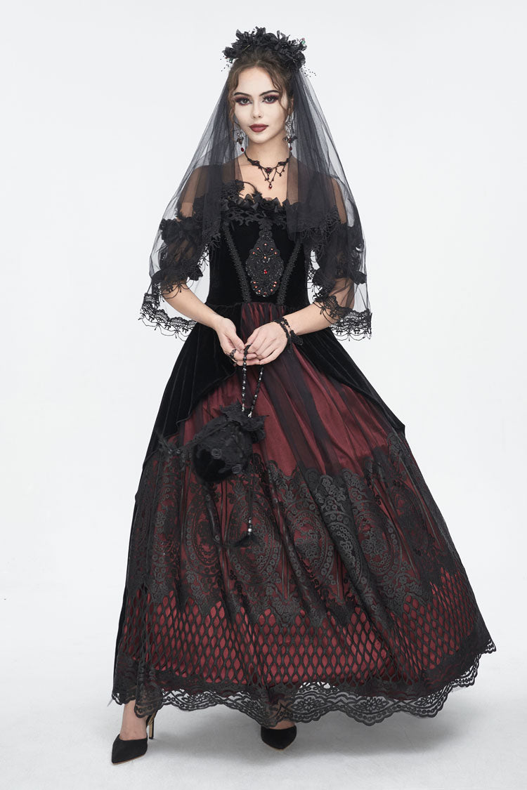 Red Off Shoulder High Waisted Print Lace Women's Gothic Dress - Product - 2